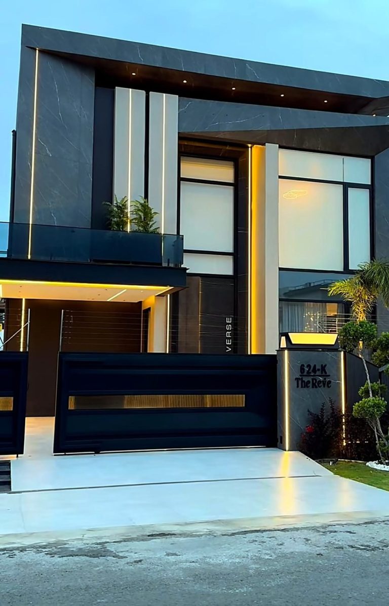 Dark-stone villa façade with LED reveals – Grand Design International