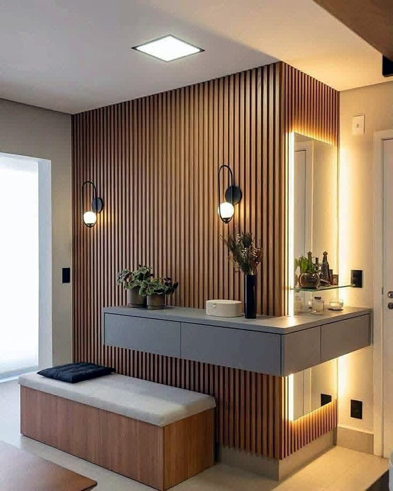 Fluted oak entrance wall – Grand Design International