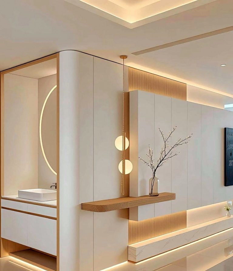 Entrance hall with halo mirror and plinth glow – interior design concept by Grand Design International