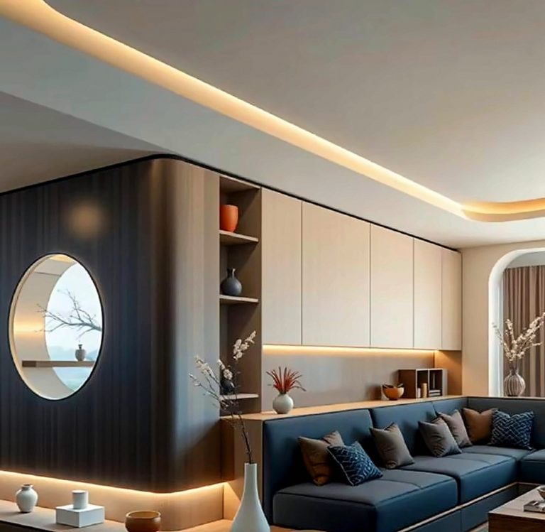 Fluted moon-mirror lounge – Graphite & Navy – interior design concept by Grand Design International