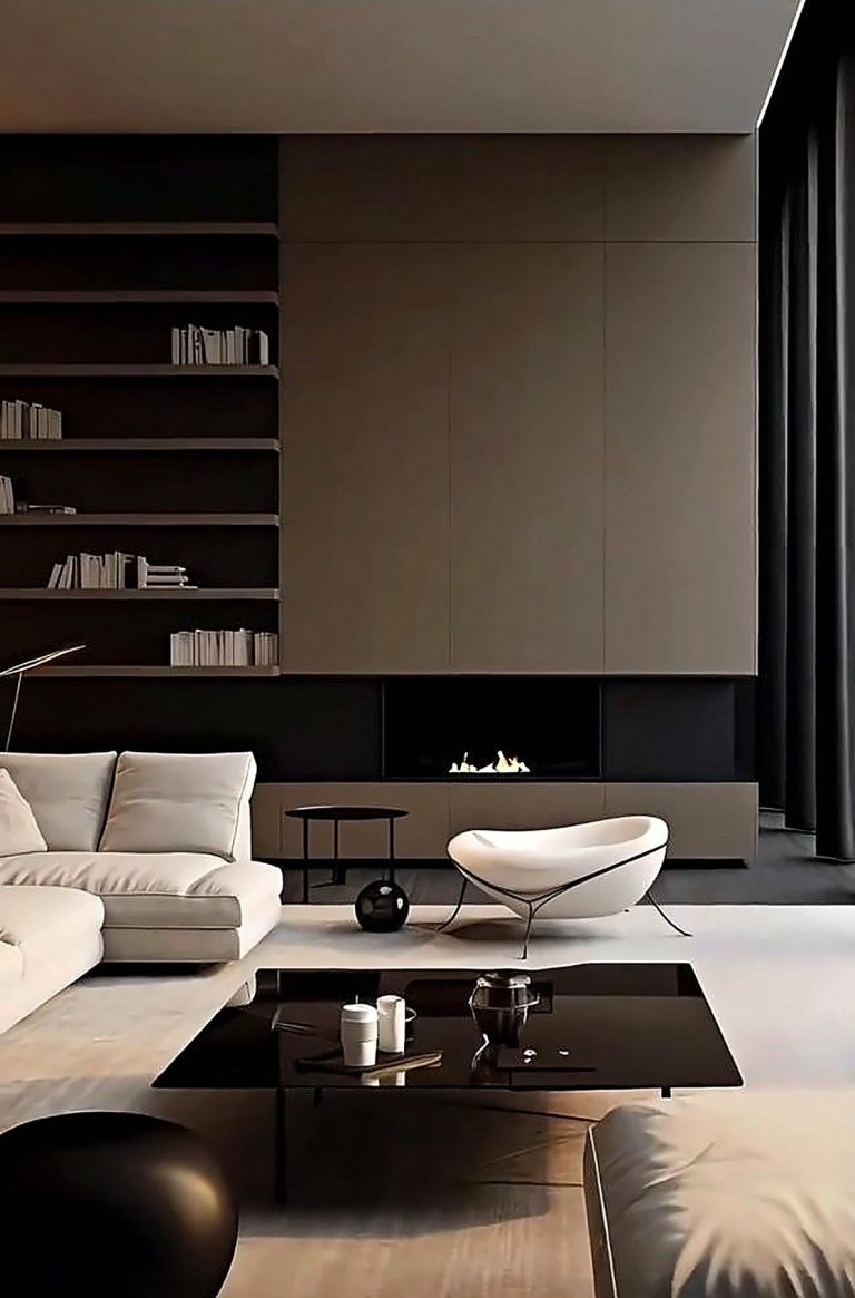 Noir Fireside living room with linear fireplace – interior design concept by Grand Design International