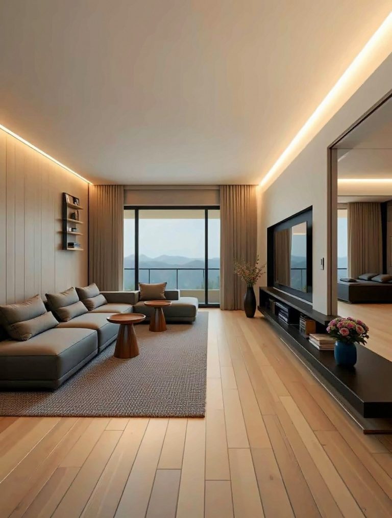 Oak-panelled media lounge with floating console – interior design concept by Grand Design International