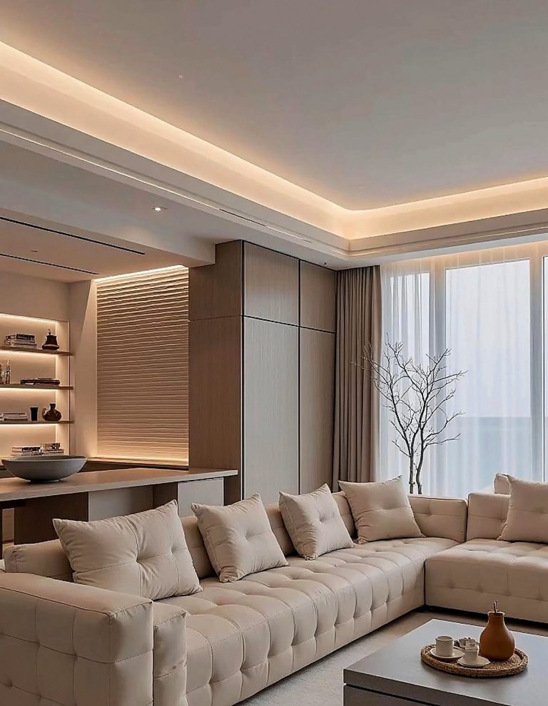 Soft Greige hotel-suite lounge – interior design concept by Grand Design International