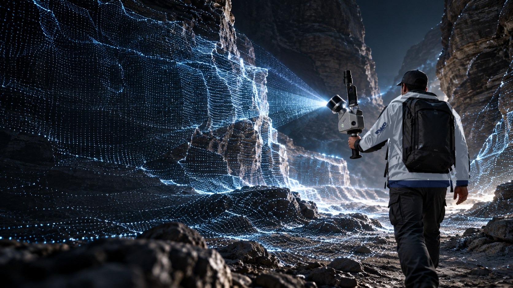 Grand Designs International LiDAR survey specialist in a light-grey company jacket scanning terrain with a handheld laser scanner