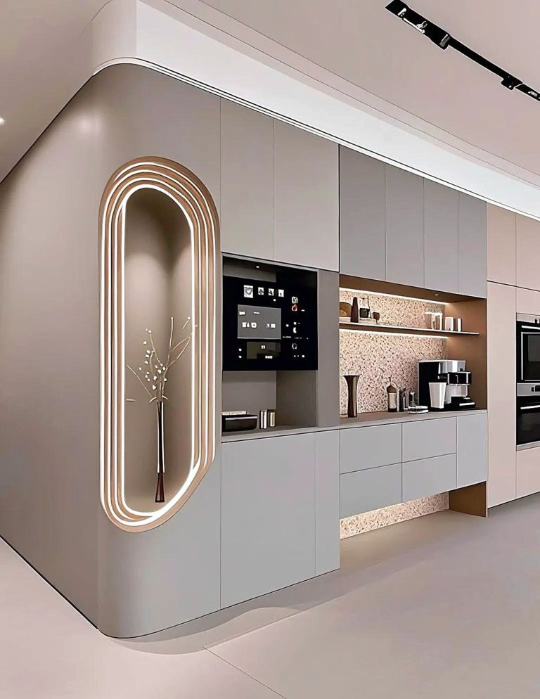 Oval kitchen niche with handleless cabinetry – Grand Design International