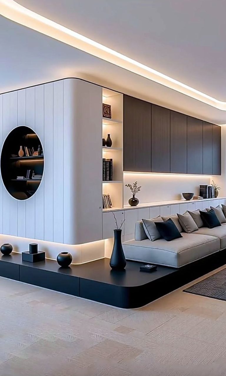 Plinth lounge with lit library niche – Grand Design International