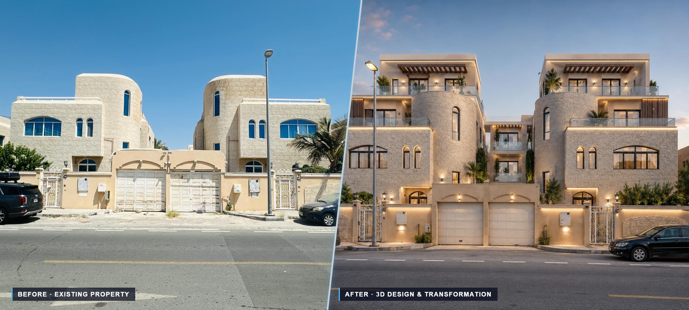 Existing property before and after its 3D-designed transformation by Grand Designs International
